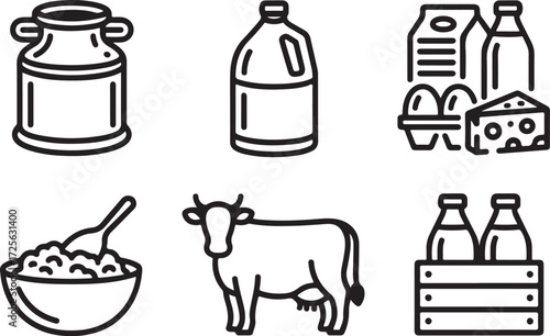 A minimalist line art illustration showing a collection of dairy farm icons, including a cow, milk, cheese, and eggs