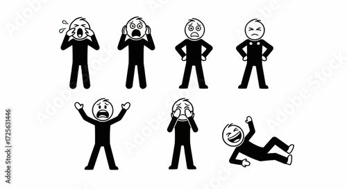 A collection of seven black and white stick figure illustrations depicting various human emotions and reactions.