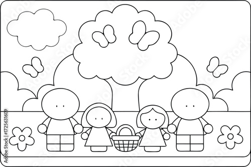 A happy family stands together near a tree in a cheerful park scene