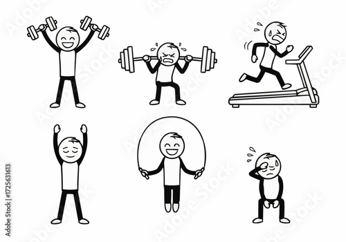A collection of six stick figures engaged in various physical fitness activities, including weightlifting, running, and jumping rope.