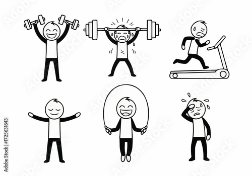 A collection of six stick figures engaged in various physical fitness activities, including weightlifting, running on a treadmill, and jumping rope.