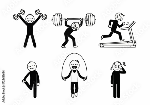 A collection of stick figures engaged in various fitness activities, including weightlifting, running, stretching, and jumping rope, with one figure appearing tired.
