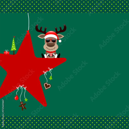 Sitzendes Rentier Sonnenbrille Auf Stern Icons Weihnachten Bordüre Punkte Dunkelgrün