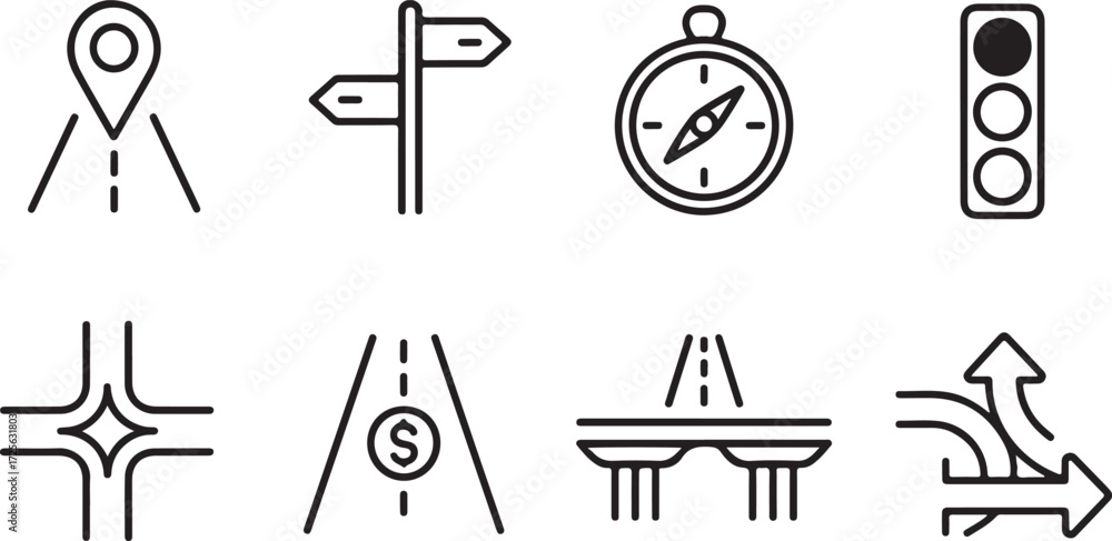 Naklejka premium A collection of clean, minimalist line art icons representing road travel, navigation, and transportation concepts on a white background