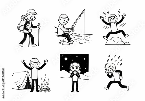 Diverse Activities in Nature Hiking, Fishing, Camping, and Emotional Reactions Depicted in Cartoon Style