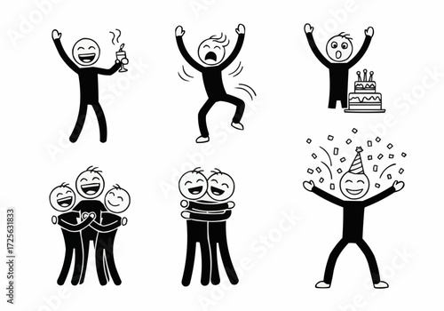 Diverse stick figures celebrating and expressing joy through various playful poses and activities