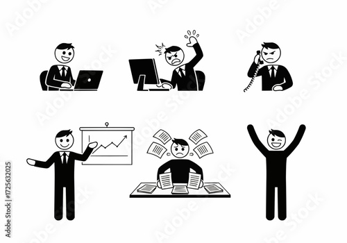 A collection of six stick figure illustrations depicting various business-related scenarios and emotions.
