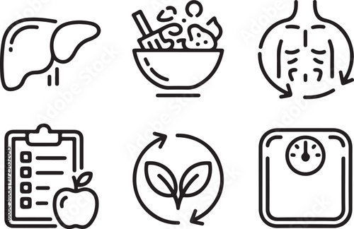 A collection of six minimalist line art icons representing health, diet, and wellness concepts like nutrition, fitness, and weight management
