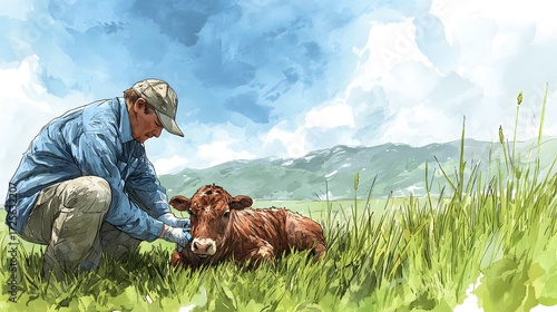 Tender Moment Between Farmer and Calf in Lush Green Meadow