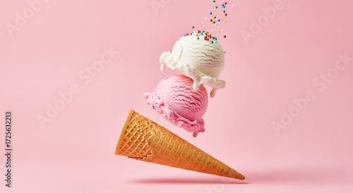 A delightful image of a waffle cone with two scoops of ice cream, one vanilla and one strawberry, topped with colorful sprinkles, against a soft pink background.