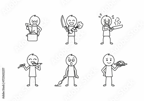 A set of six simple line drawings depicting a person engaged in various cooking and eating activities, showing different emotions.