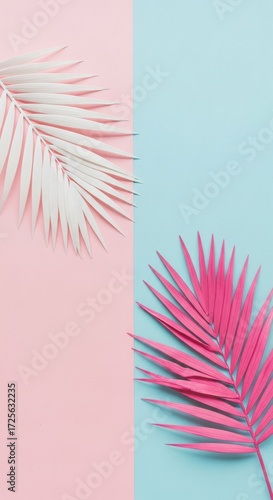 A minimalist composition featuring two palm fronds, one white and one pink, against a split background of pastel pink and blue.