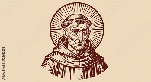 A stylized illustration depicts a solemn, aged monk in a hooded robe, with a halo of radiating lines suggesting sainthood or spiritual significance.