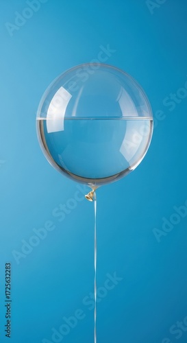 A clear balloon filled with water, suspended by a string against a solid blue background.