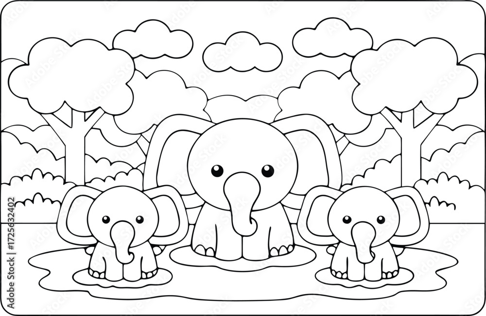 Obraz premium Three adorable elephants stand together in a lush forest clearing, creating a charming and playful