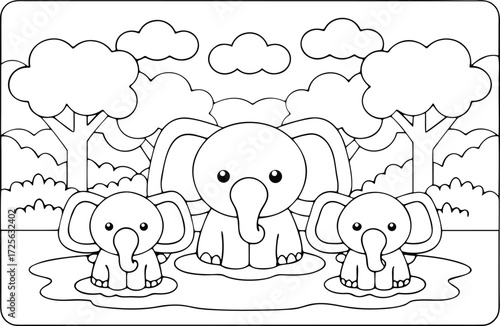 Three adorable elephants stand together in a lush forest clearing, creating a charming and playful