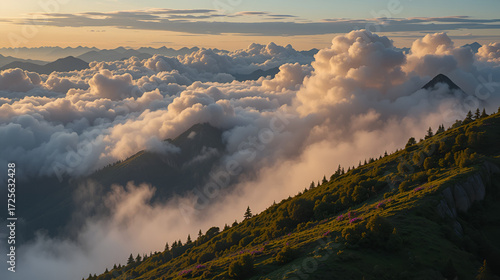 Foehn Clouds motion downhill over mountains ridge in sunny spring evening