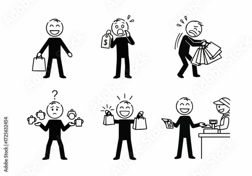 A collection of six stick figure illustrations depicting various emotions and actions related to shopping, from excitement to confusion and satisfaction.
