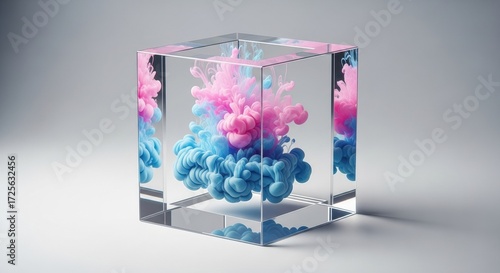 A clear cube containing swirling clouds of pink and blue ink, creating a mesmerizing abstract art piece.