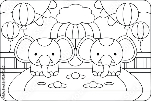 Two cute elephants play in a whimsical circus setting with balloons