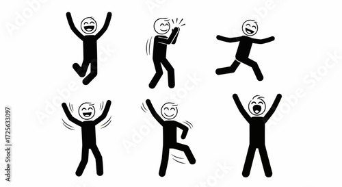 Dynamic stick figures collection illustrating various expressions of joy, success, and celebration, captured in active poses such as jumping, clapping, and enthusiastic arm-raising