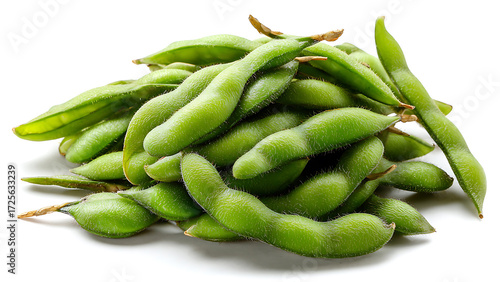 Vibrant Pile of Fresh, Fuzzy Green Edamame Pods Isolated on a Clean White Background