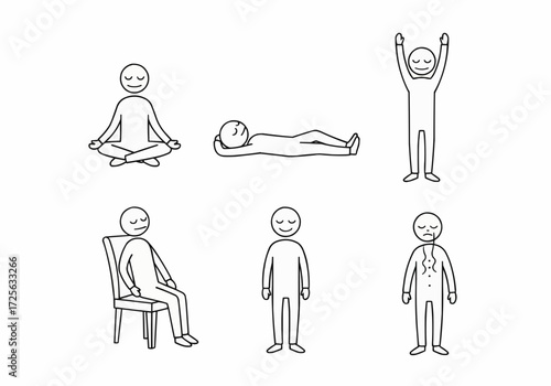 Collection of diverse stick figure illustrations depicting various human postures, emotional states, and well-being, from relaxation to discomfort