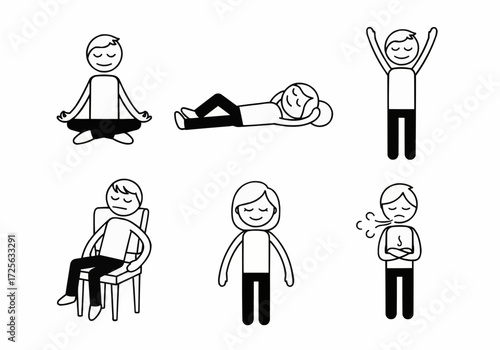 Set of stick figure illustrations showcasing various states of relaxation and emotional expressions