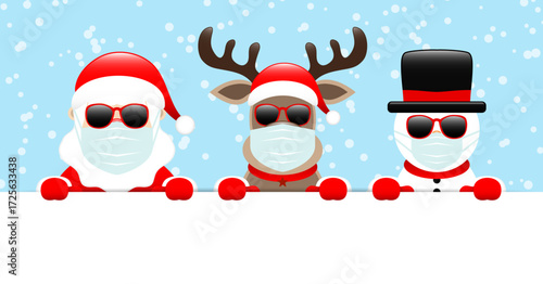 Santa, Rentier Und Schneemann Maske/Sonnenbrille Banner Schnee Hellblau