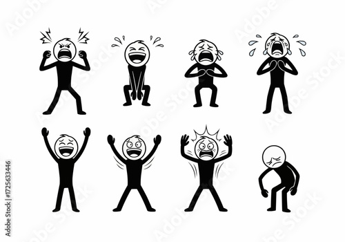 Collection of expressive stick figures displaying a range of human emotions and reactions, captured in a simple, graphic style