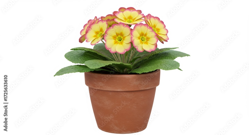 Fototapeta premium Yellow and Pink Primrose in Terracotta Pot