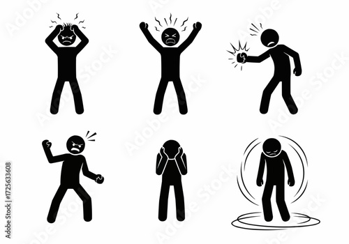 Vector illustration of stick figures expressing a range of intense negative emotions, including anger, frustration, stress, anxiety, and profound emotional distress