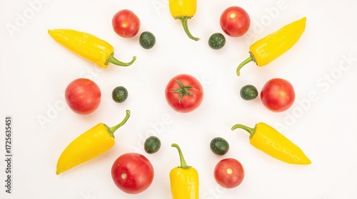 Wallpaper Mural focal. Colorful summer vegetables arranged in a circular pattern, showcasing fresh and vibrant produce. menu design, packaging mockups, designed for food delivery and cloud-kitchen brand materials. Torontodigital.ca