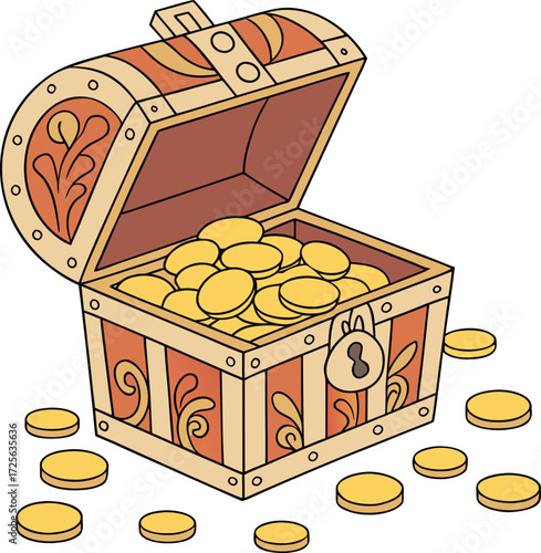 An open wooden treasure chest brimming with gold coins and jewelry symbolizes pirate wealth