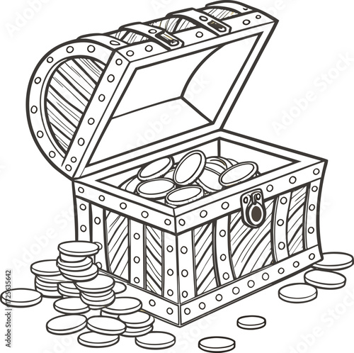 An open wooden treasure chest with shimmering gold coins is an antique object
