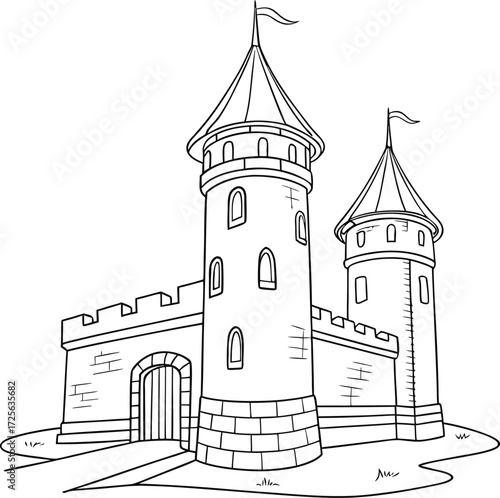 Vector illustration of an old Russian orthodox church or medieval castle architecture building with a tower