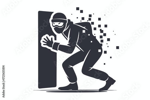 Masked burglar pushing open a solid door with digital pixelated breakup for design