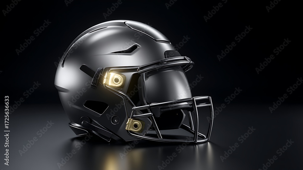 Naklejka premium Modern Black Football Helmet with Gold Accents and Visor on Dark Background