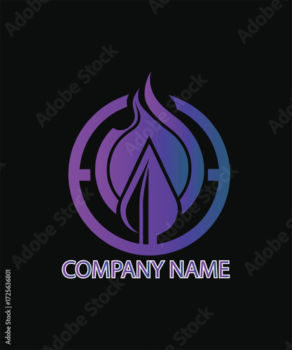 Modern logo featuring a flame leaf inside a circular target with a purple blue gradient.