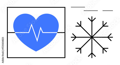 Blue heart with heartbeat line inside square paired with minimalist snowflake design. Ideal for health, winter, medical care, life, vitality, calmness, and simplicity. Simple flat metaphor