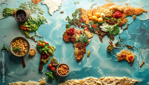 Explore global culinary diversity A vibrant world map crafted from diverse food ingredients, illustrating international gastronomic traditions and rich cultural flavors