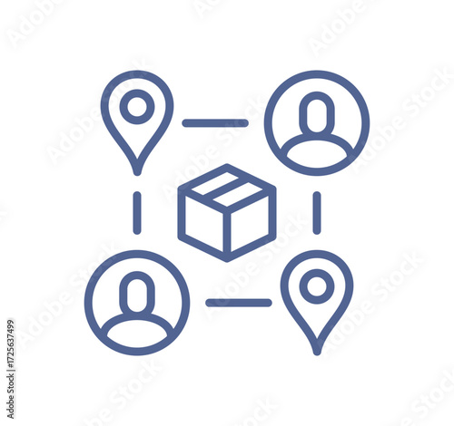 Package delivery network icon, logistics distribution system with parcel box, customer location, people connection, shipping route tracking, supply chain service, courier transport vector.