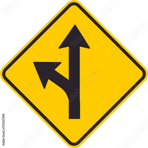 Yellow diamond traffic sign showing arrows indicating the option to proceed straight or turn left on the road.