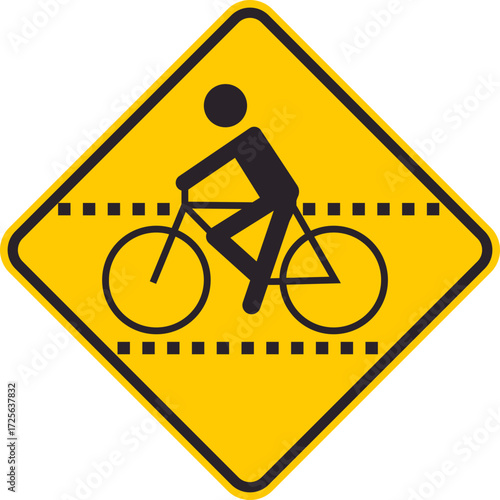Yellow diamond traffic sign displaying a bicycle symbol to indicate a cyclist lane crossing ahead.