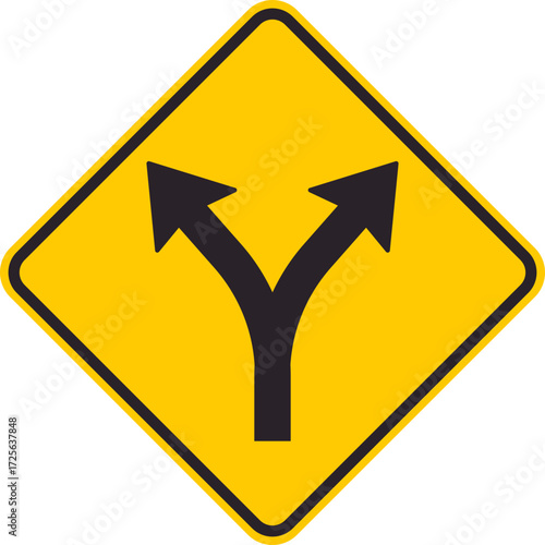 Yellow diamond traffic sign with two diverging arrows indicating a roadway bifurcation ahead.