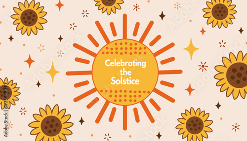 Celebration of summer solstice with sun and sunflower patterns, flat vector style
  