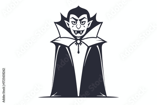 Menacing vampire illustration with sharp teeth, a dark cape and white collar