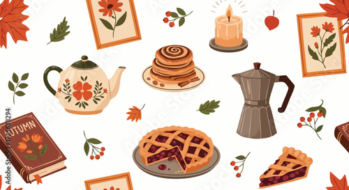 Cozy autumn gathering with warm drinks, delicious baked goods, and seasonal decorations creating a delightful hygge atmosphere