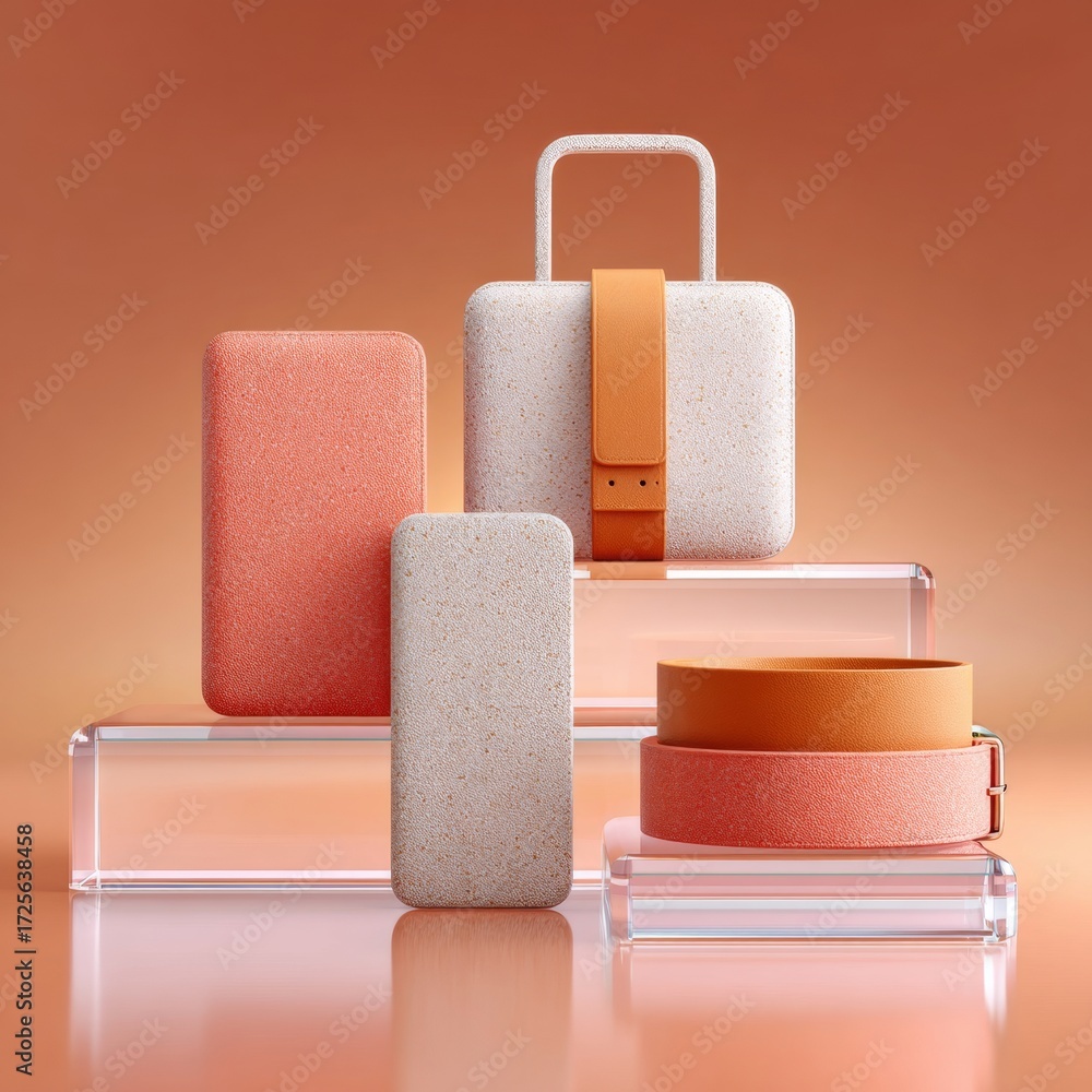 Obraz premium Minimalist coral and sand-toned fashion accessories made of organic textured materials displayed on clear acrylic stands against gradient backdrop