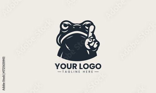 Grumpy frog character showing a middle finger in a bold black silhouette vector logo design on a clean white background, for humorous and edgy themes